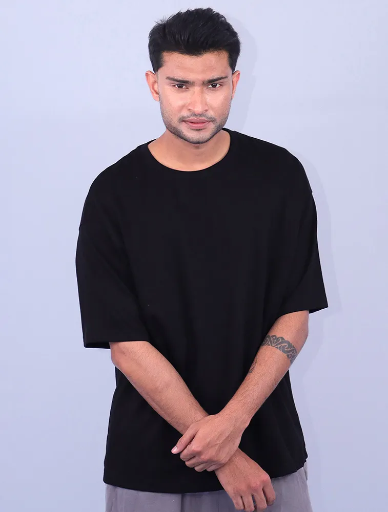 Black Oversize Cotton French Terry Half Sleeve T-Shirt 240 GSM