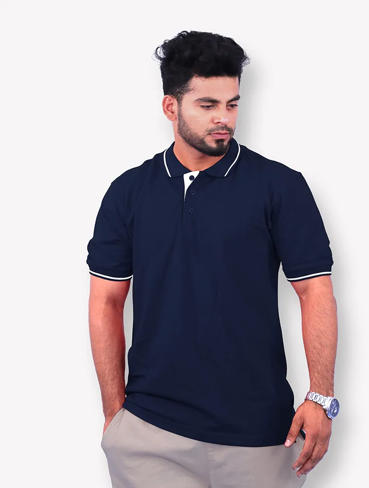 Navy Blue Cotton Polo Half Sleeve 240 GSM with White Tipping