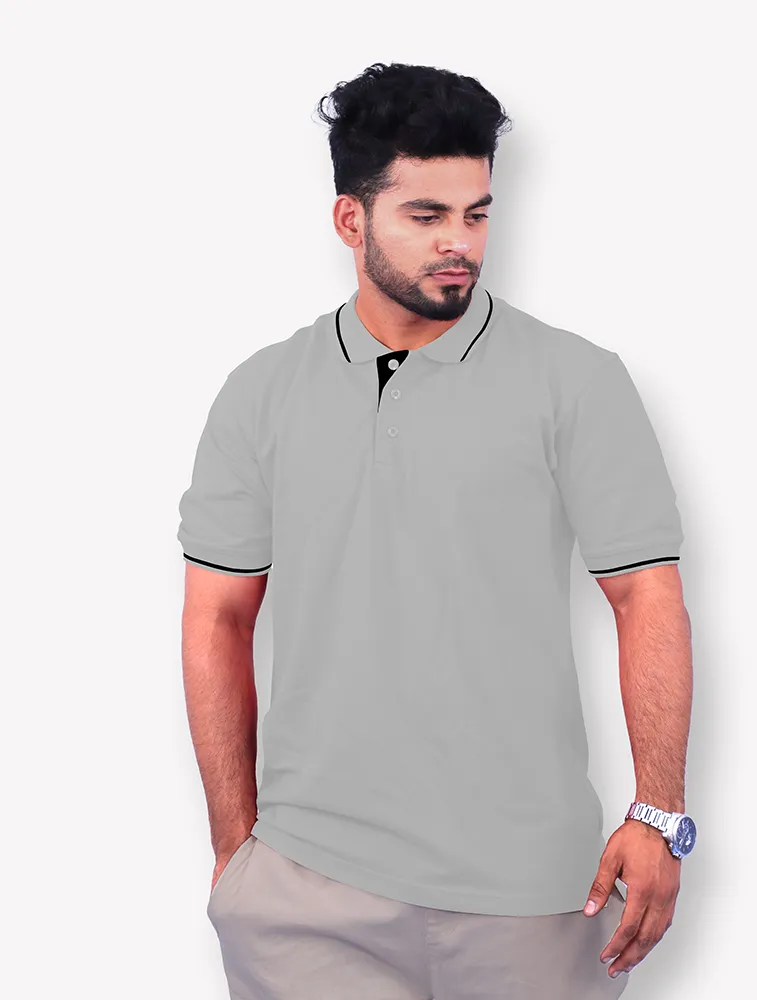 Grey Cotton Polo Half Sleeve 240 GSM with Black Tipping