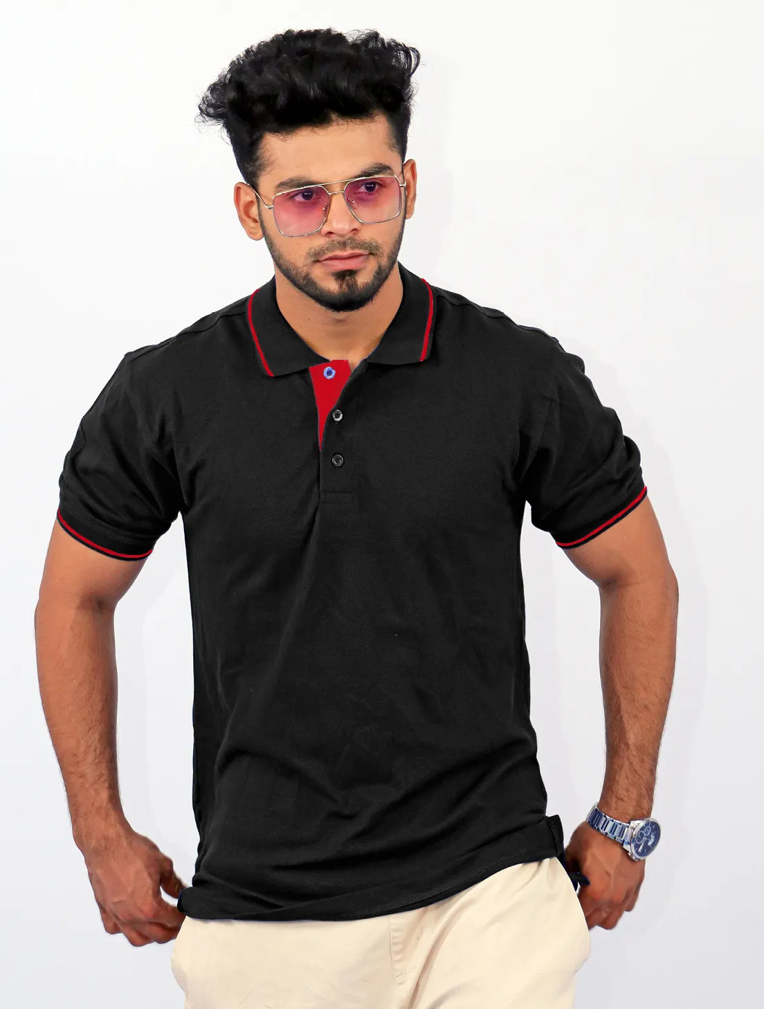 Black Cotton Polo Half Sleeve 240 GSM with Red Tipping