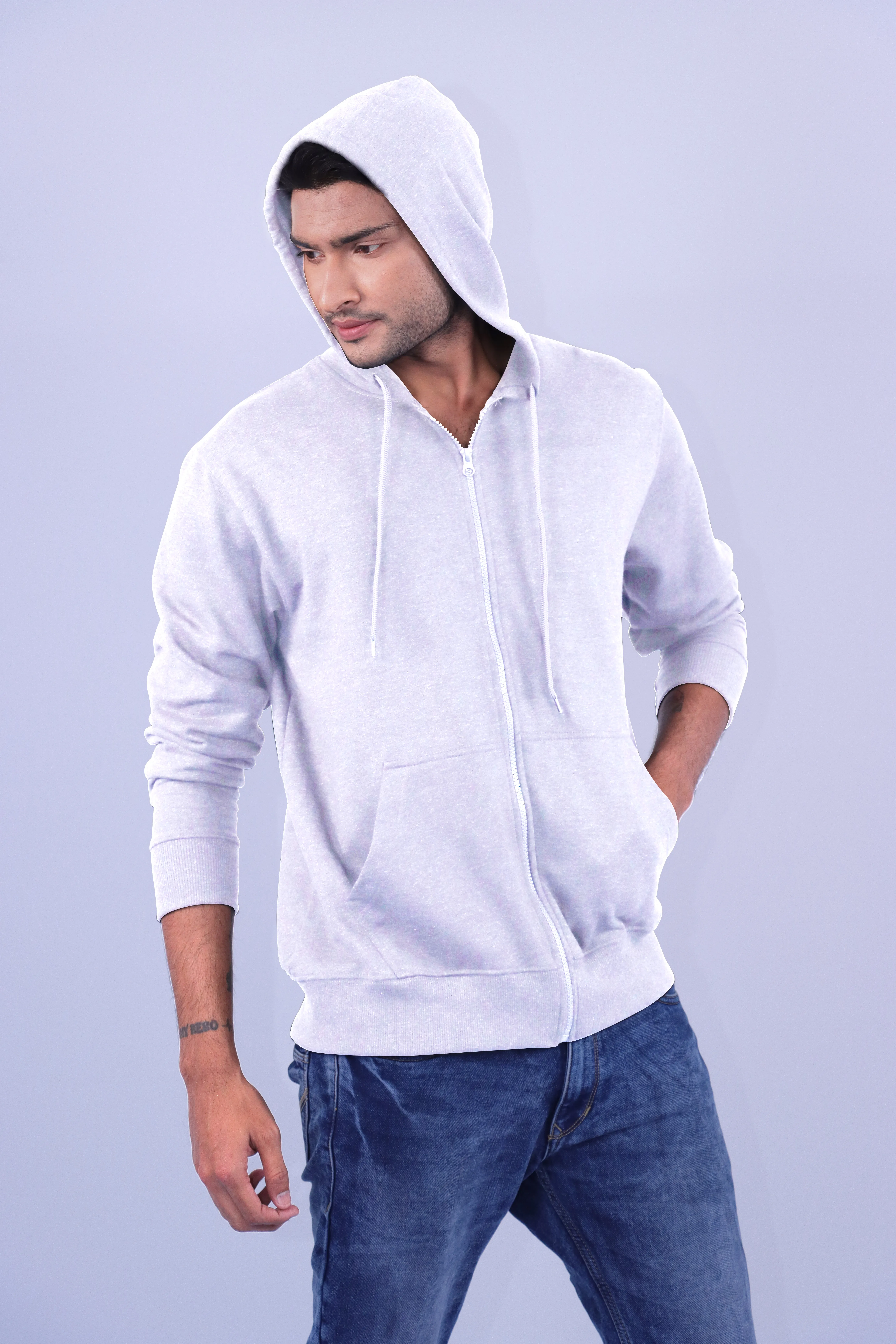 Half White Polycotton Hoodie with Zipper 300GSM