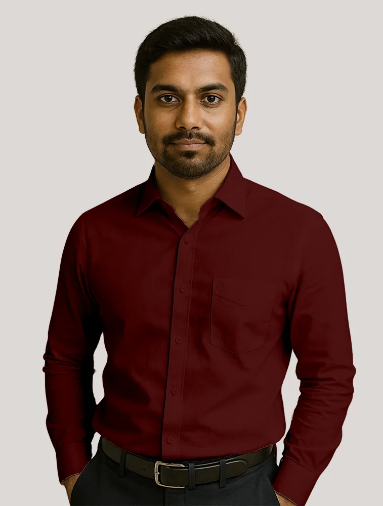 Maroon Oxford Polycotton Chambray Full Sleeve Shirt With Pocket — bulk from ₹486
