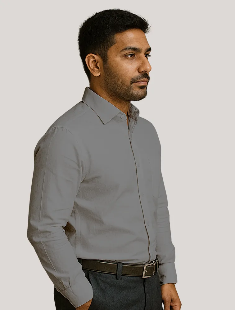 Grey Oxford Polycotton Chambray Full Sleeve Shirt With Pocket — bulk from ₹486
