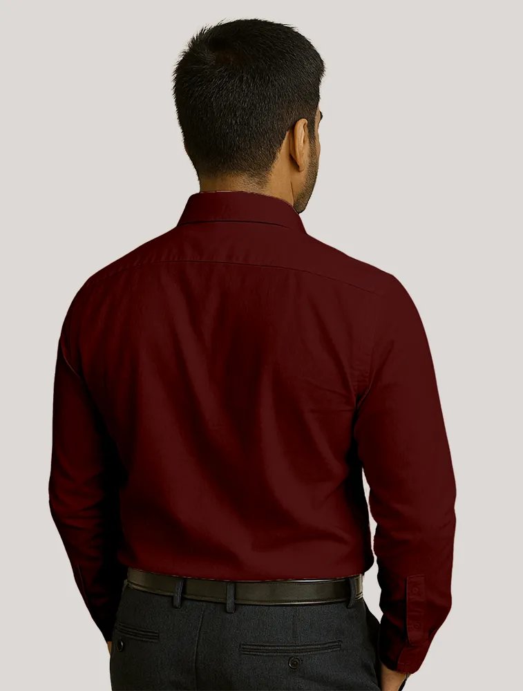 Maroon Oxford Polycotton Chambray Full Sleeve Shirt With Pocket — bulk from ₹486