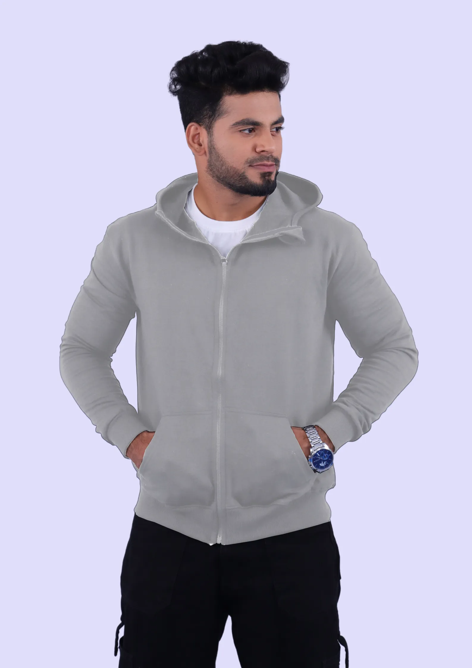 Grey Cotton Hoodie with Zipper 300GSM