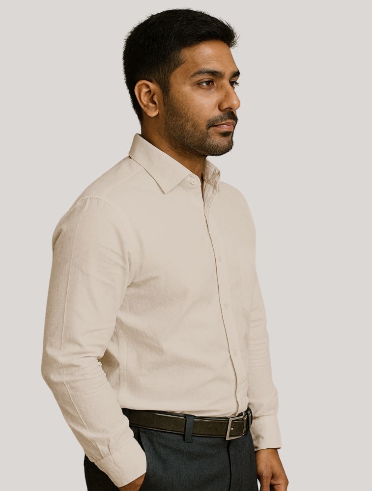 Beige Oxford Polycotton Chambray Full Sleeve Shirt With Pocket — bulk from ₹486