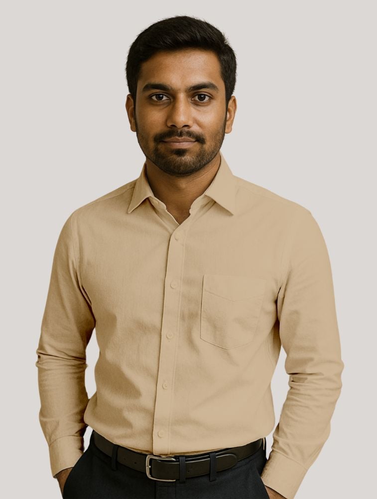 Pastel Orange Oxford Polycotton Chambray Full Sleeve Shirt With Pocket — bulk from ₹486