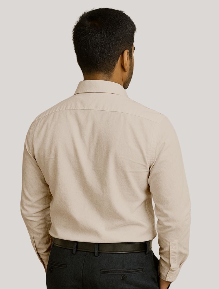 Beige Oxford Polycotton Chambray Full Sleeve Shirt With Pocket — bulk from ₹486