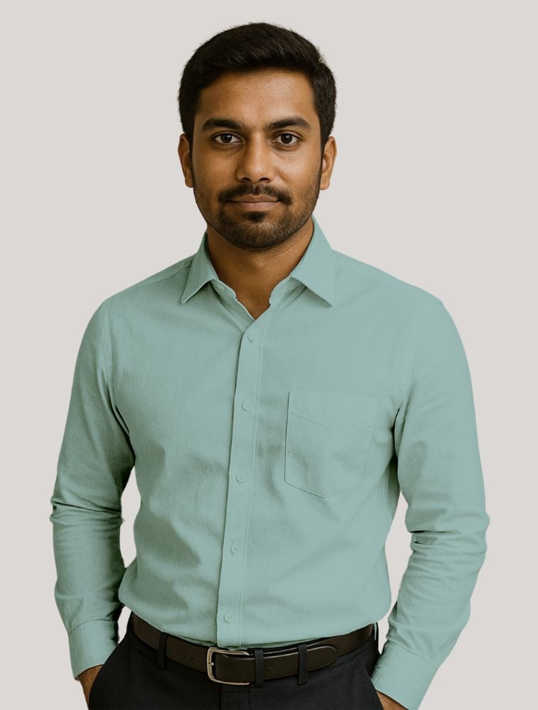 Pastel Teal Oxford Polycotton Chambray Full Sleeve Shirt With Pocket — bulk from ₹486