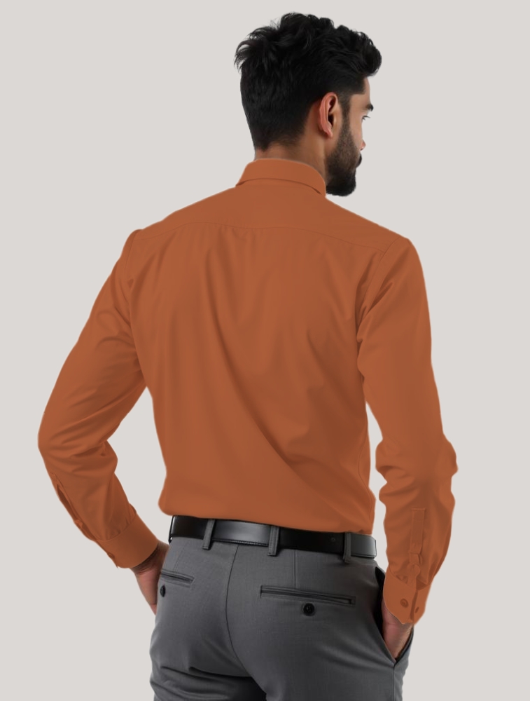Rust Orange Oxford Cotton Lycra Full Sleeve Shirt with Pocket — bulk from ₹573