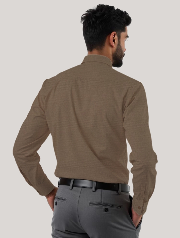 Taupe Oxford Cotton Lycra Full Sleeve Shirt with Pocket — bulk from ₹573