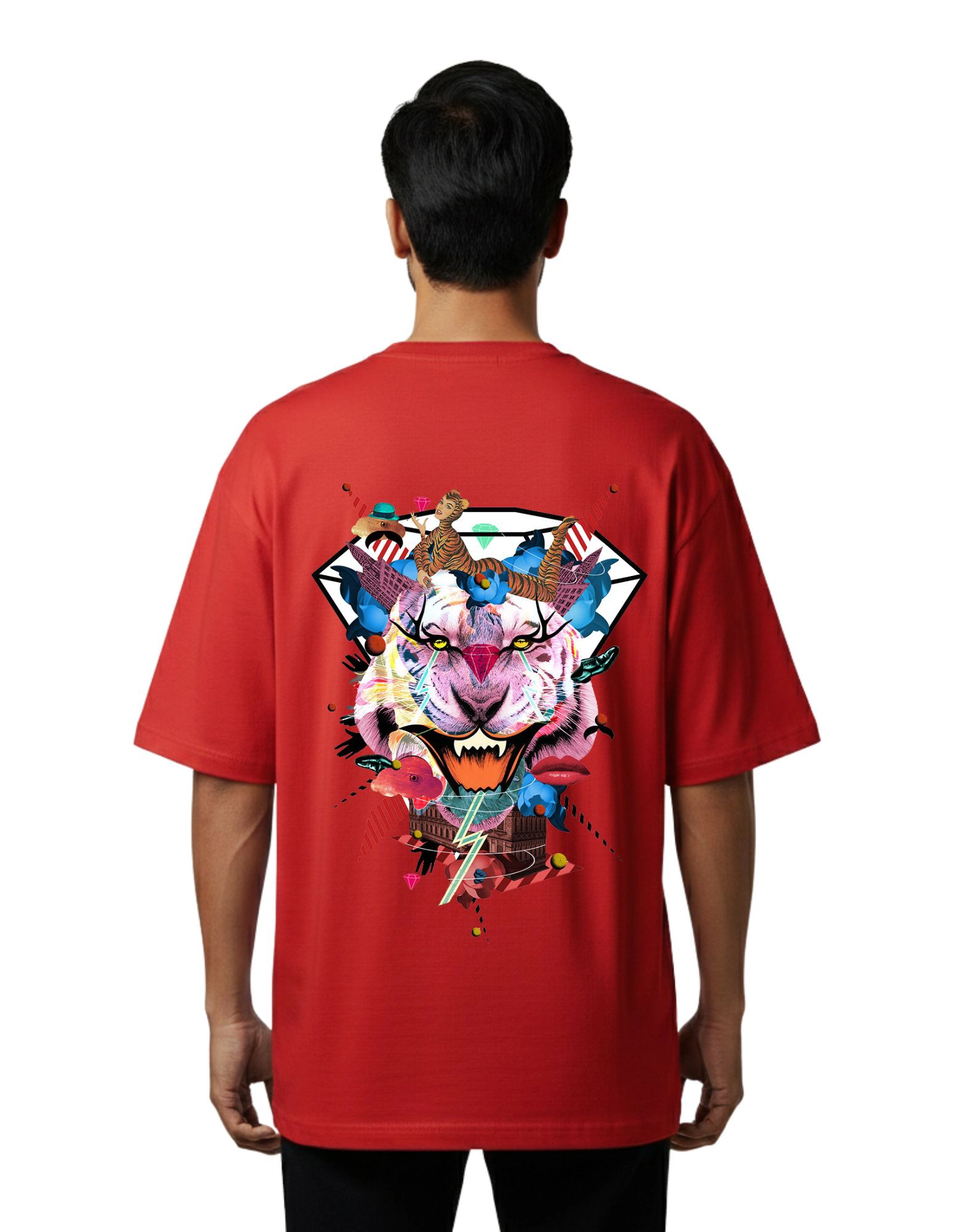 Abstract Tiger Oversized French Terry Half Sleeve T-Shirt 240 GSM  Red