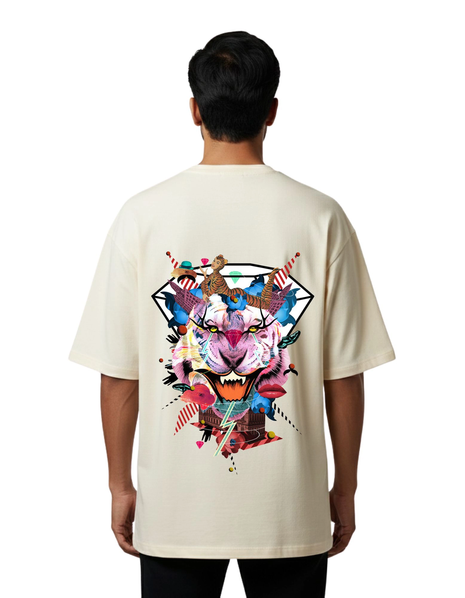 Abstract Tiger Oversized French Terry Half Sleeve T-Shirt 240 GSM Beige