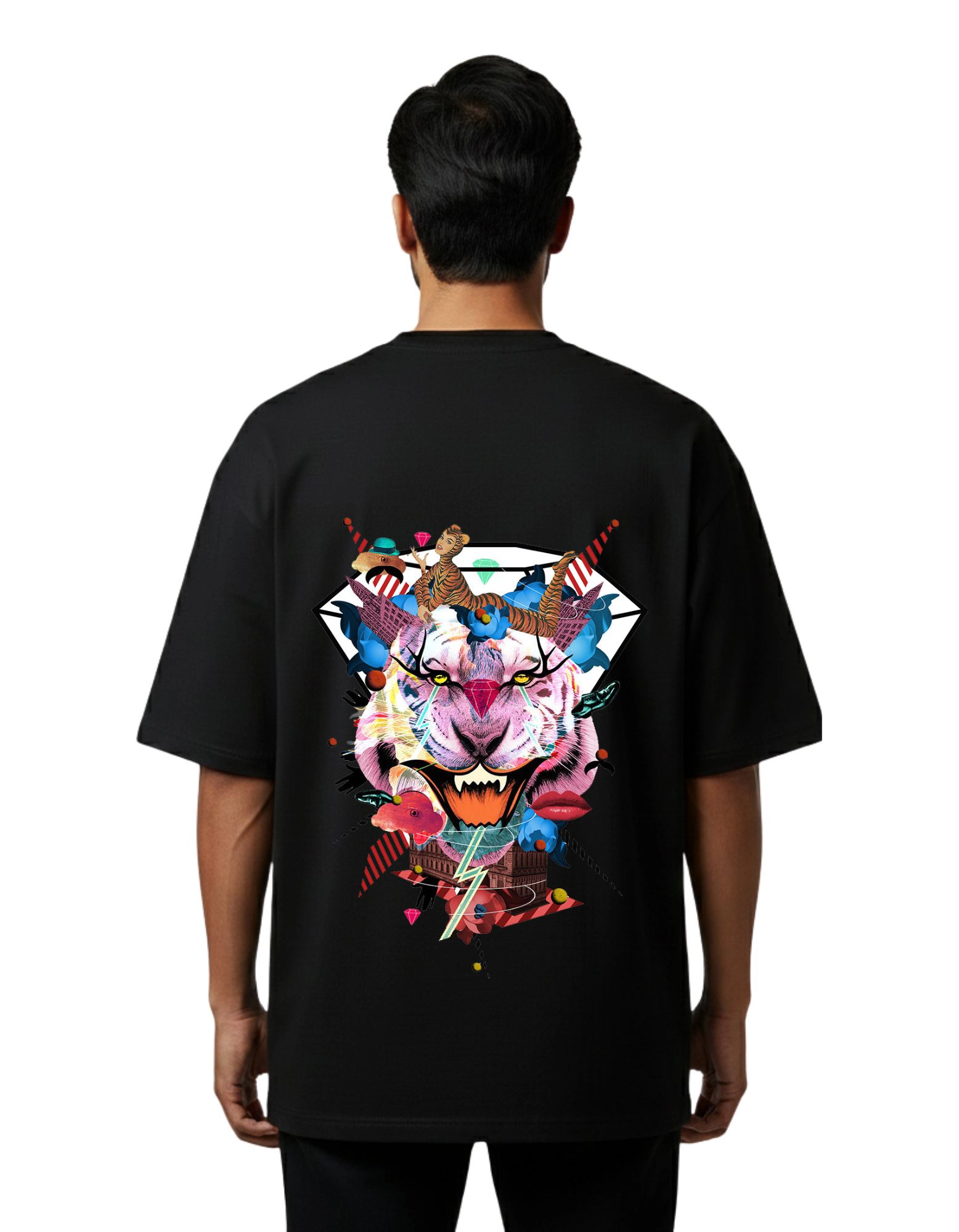 Abstract Tiger Oversized French Terry Half Sleeve T-Shirt 240 GSM Black