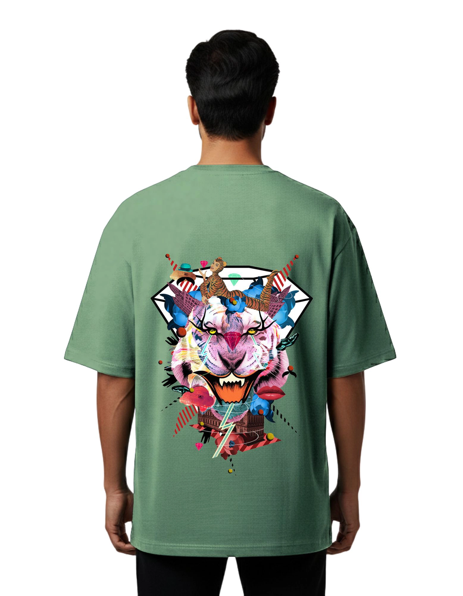 Abstract Tiger Oversized French Terry Half Sleeve T-Shirt 240 GSM D Green