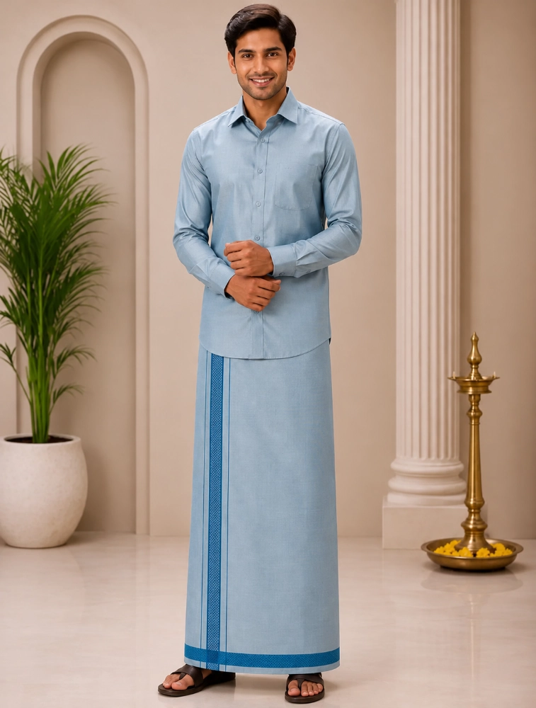 Ananda Blue Mens Premium Plain Tissue Silk Shirt and Dhoti Set