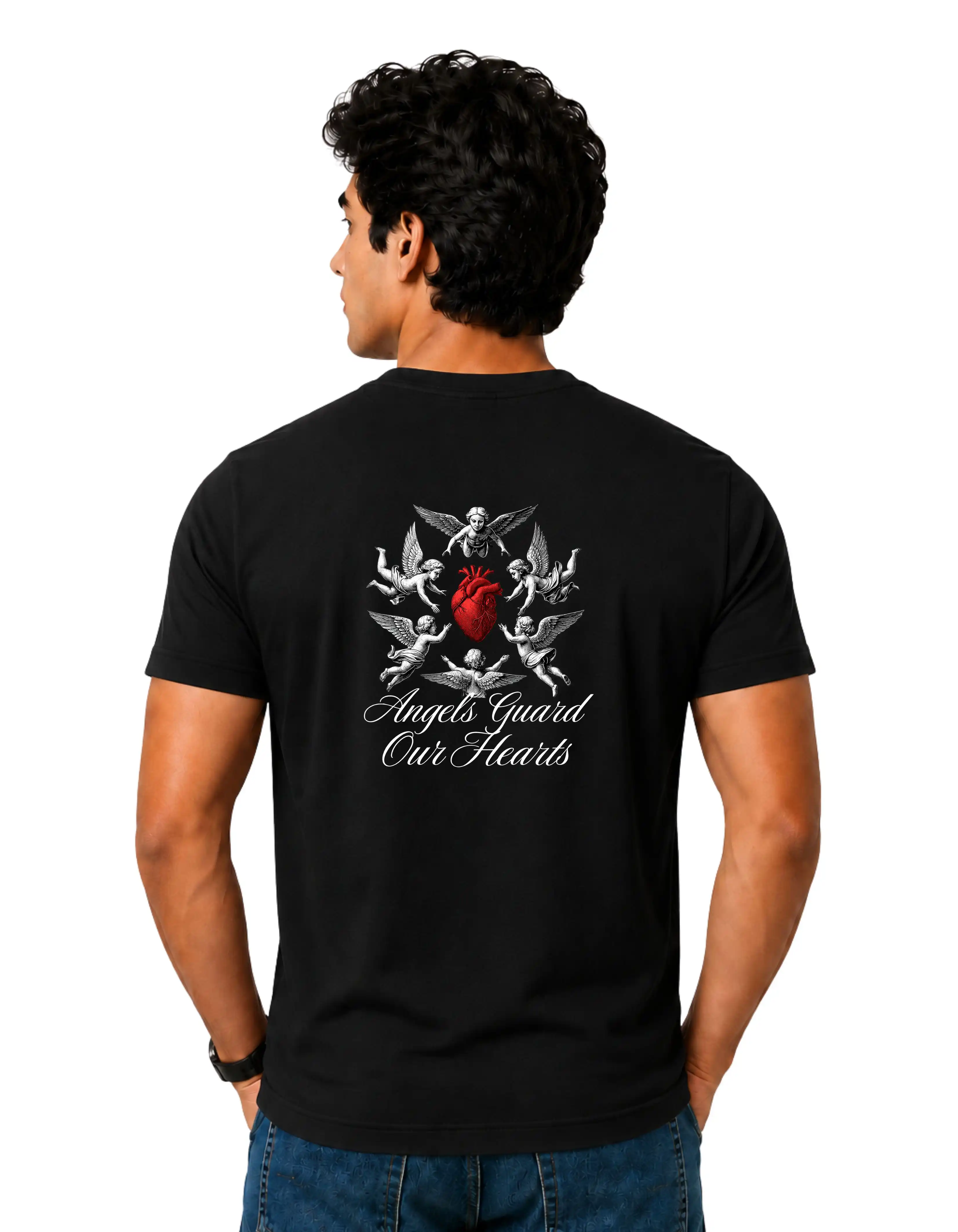Angels Guard Our Hearts Cotton Round Neck T-Shirt 180 GSM Black