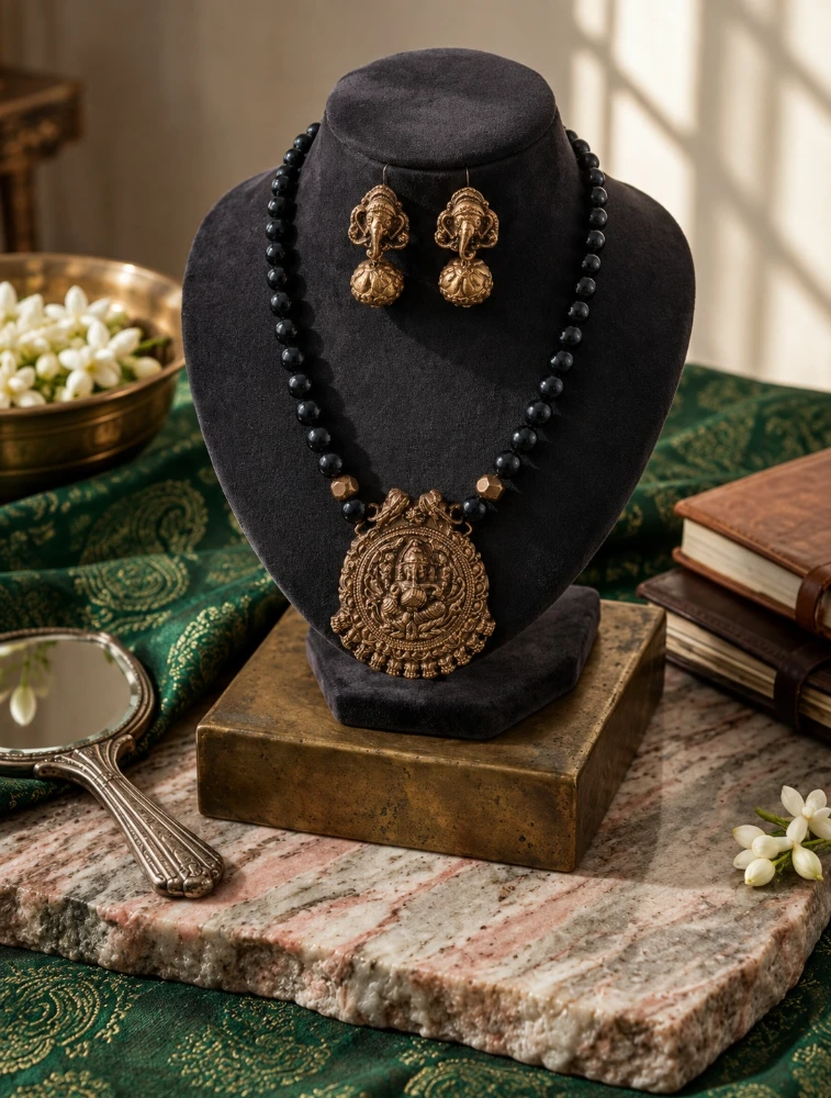 Antique Copper Lord Ganesha Pendant Terracotta Jewellery Set