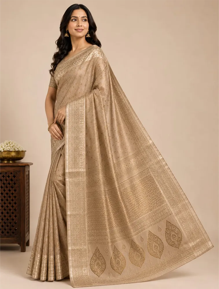Antique Gold Womens Premium Tissue Brocade 3 Card Saree