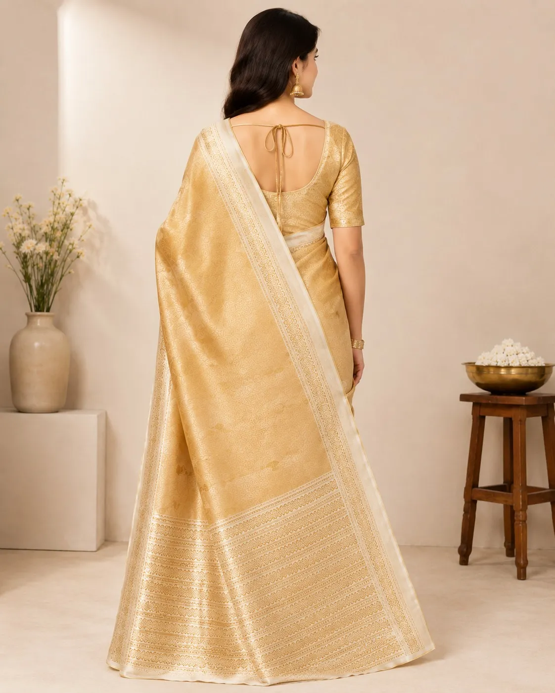 Antique Gold Womens Premium Tissue Brocade 3 Card Saree