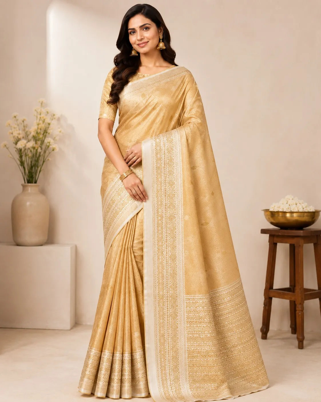 Antique Gold  Womens  Premium Tissue Brocade 3 Card Saree