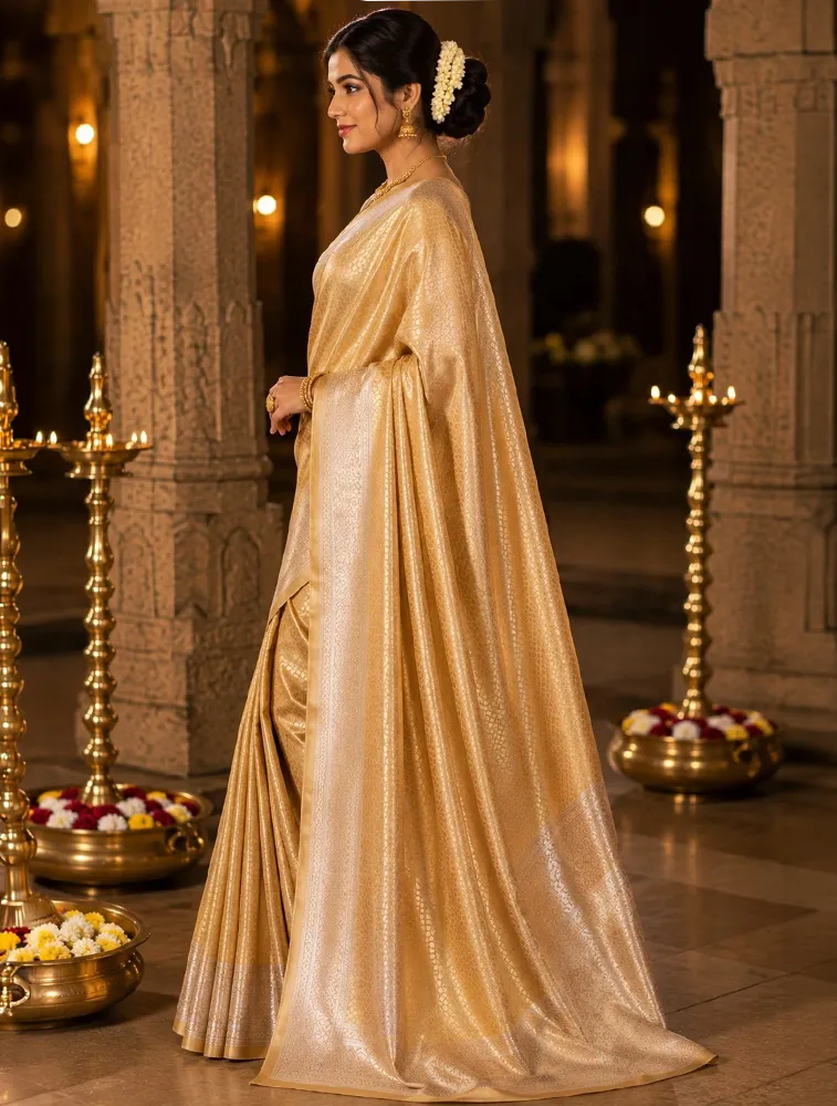 Antique Gold  Womens  Premium Tissue Brocade 3 Card Saree