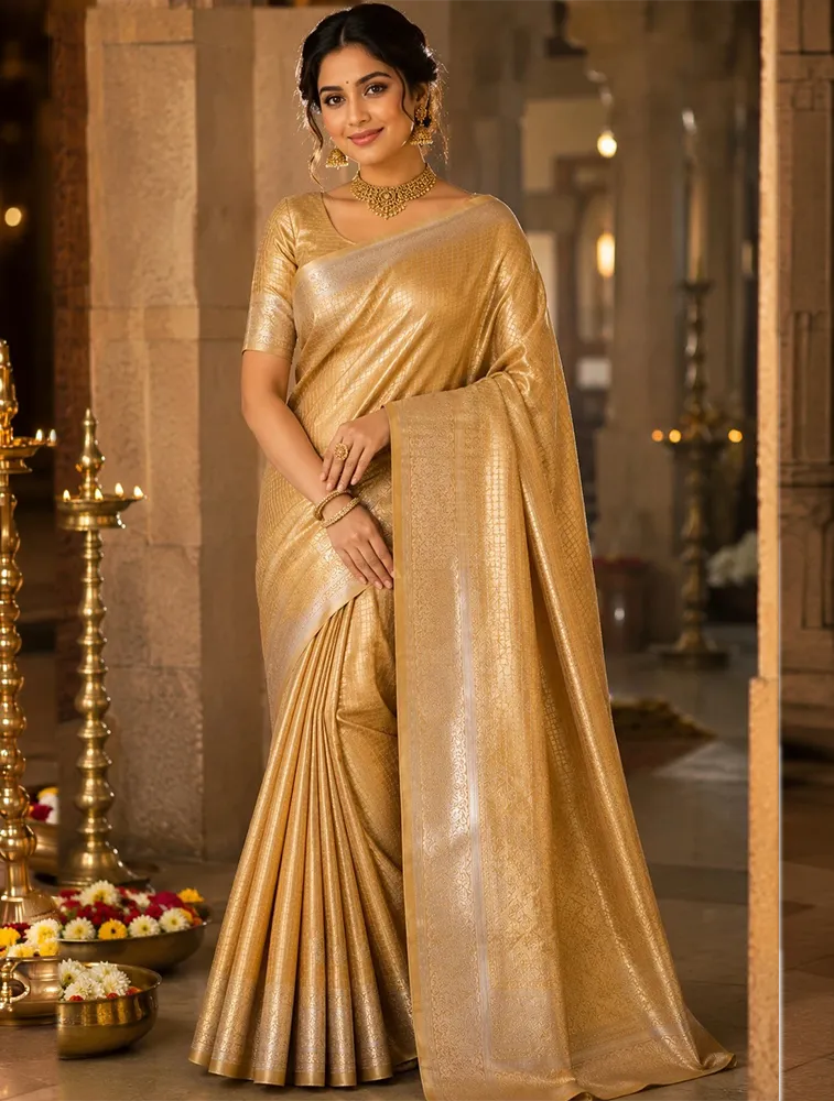 Antique Gold Womens Premium Tissue Brocade 3 Card Saree