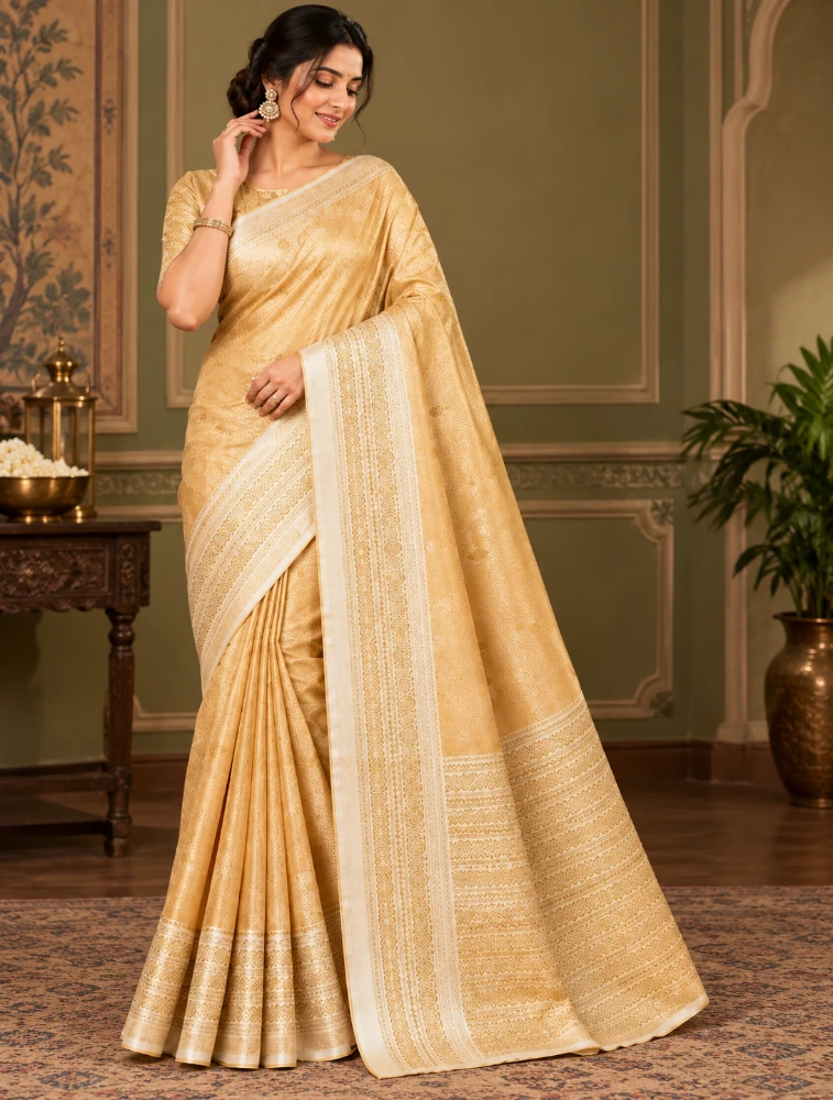 Antique Gold Womens Elegant Tissue Brocade Saree with Rich Zari Border
