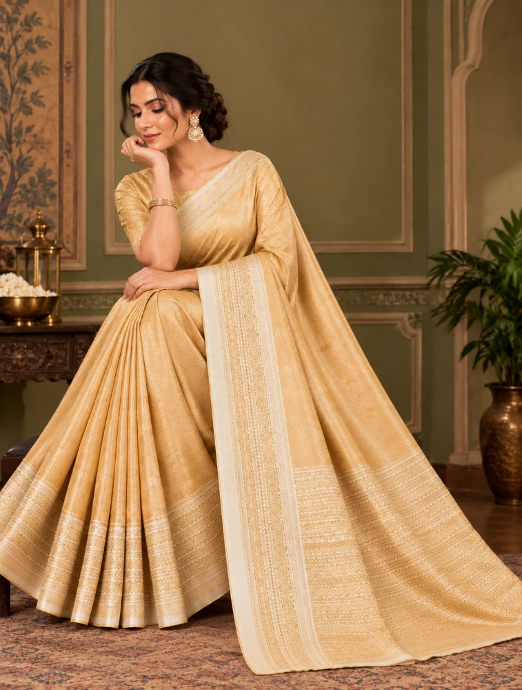 Antique Gold  Womens Elegant Tissue Brocade Saree with Rich Zari Border