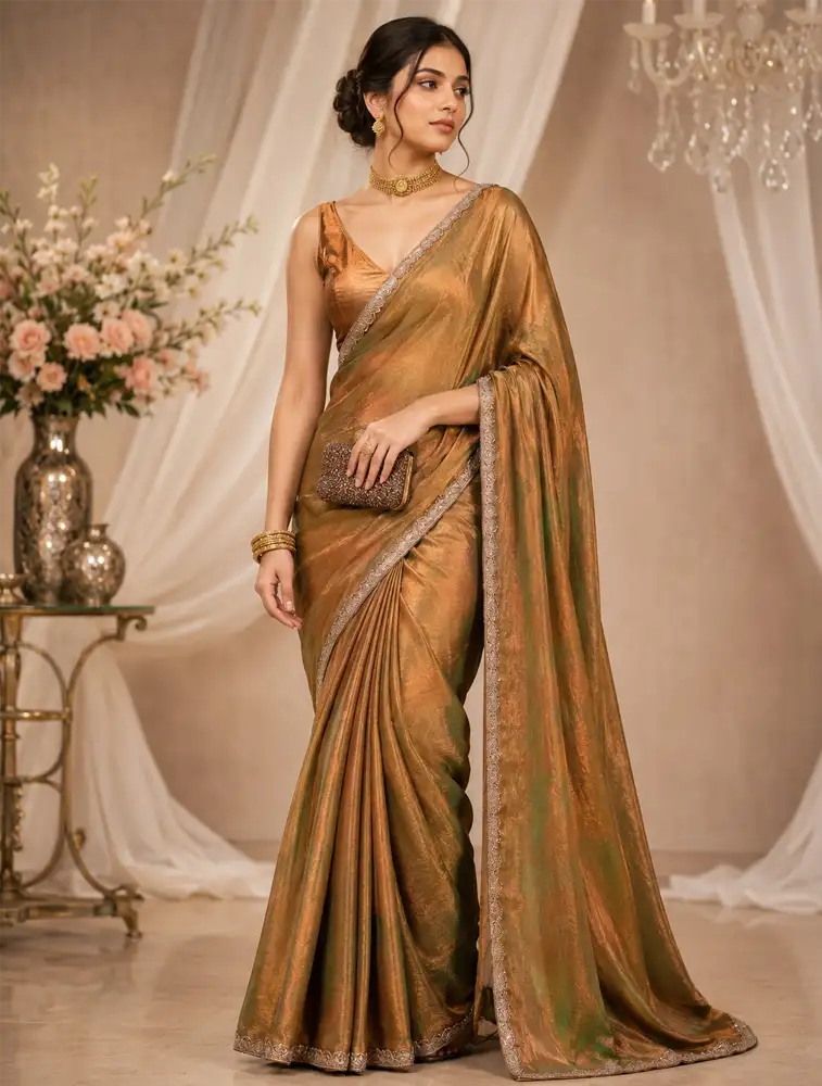 Antique Gold  Womens Plain Designer Saree Collection