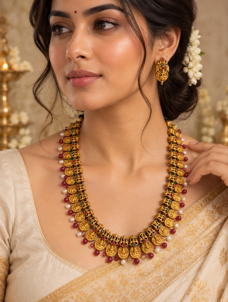 Antique Gold Long Haram In Lakshmi Design Terracotta Jewellery Set