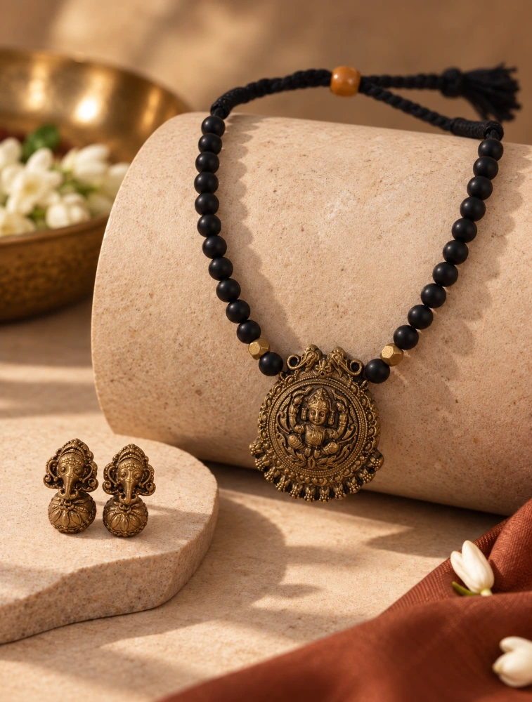 Antique Gold Lord Ganesha Pendant Terracotta Jewellery Set 