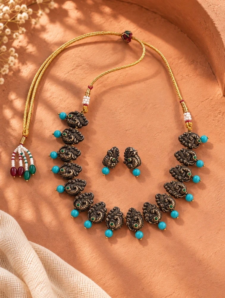 Antique Gold Mayura Ratna Terracotta Jewellery Set
