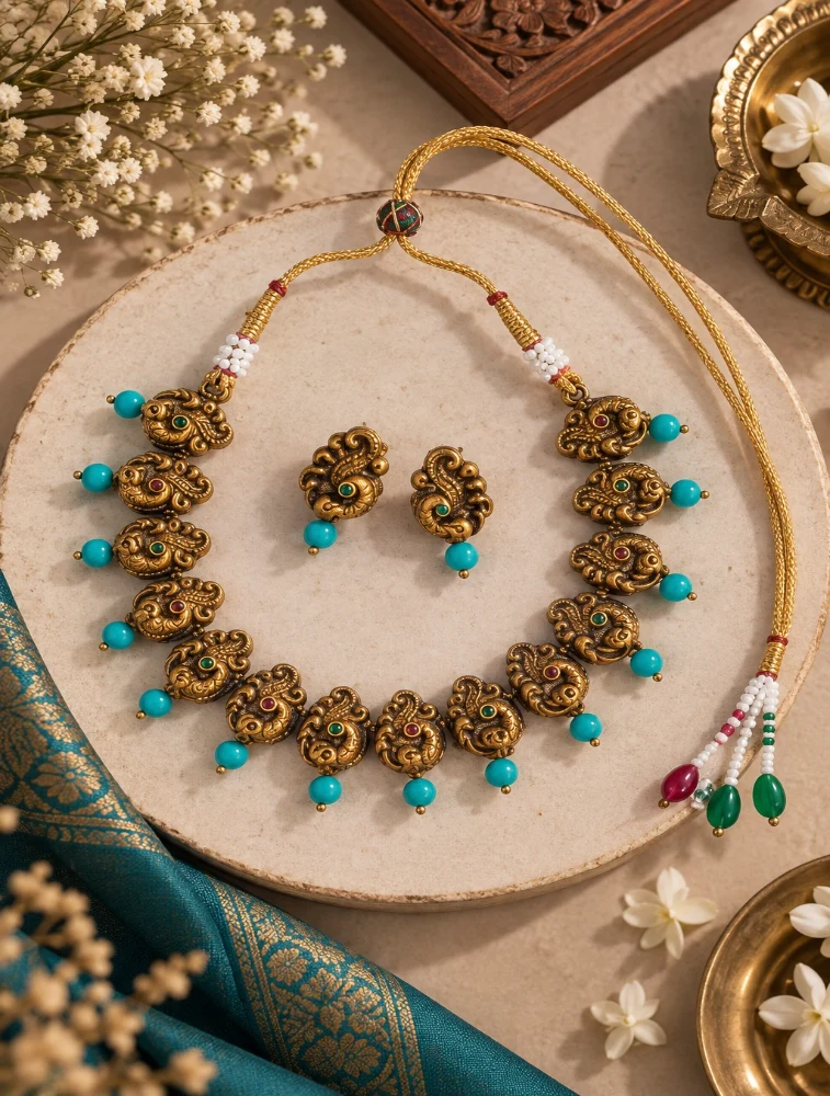 Antique Gold Mayura Ratna Terracotta Jewellery set