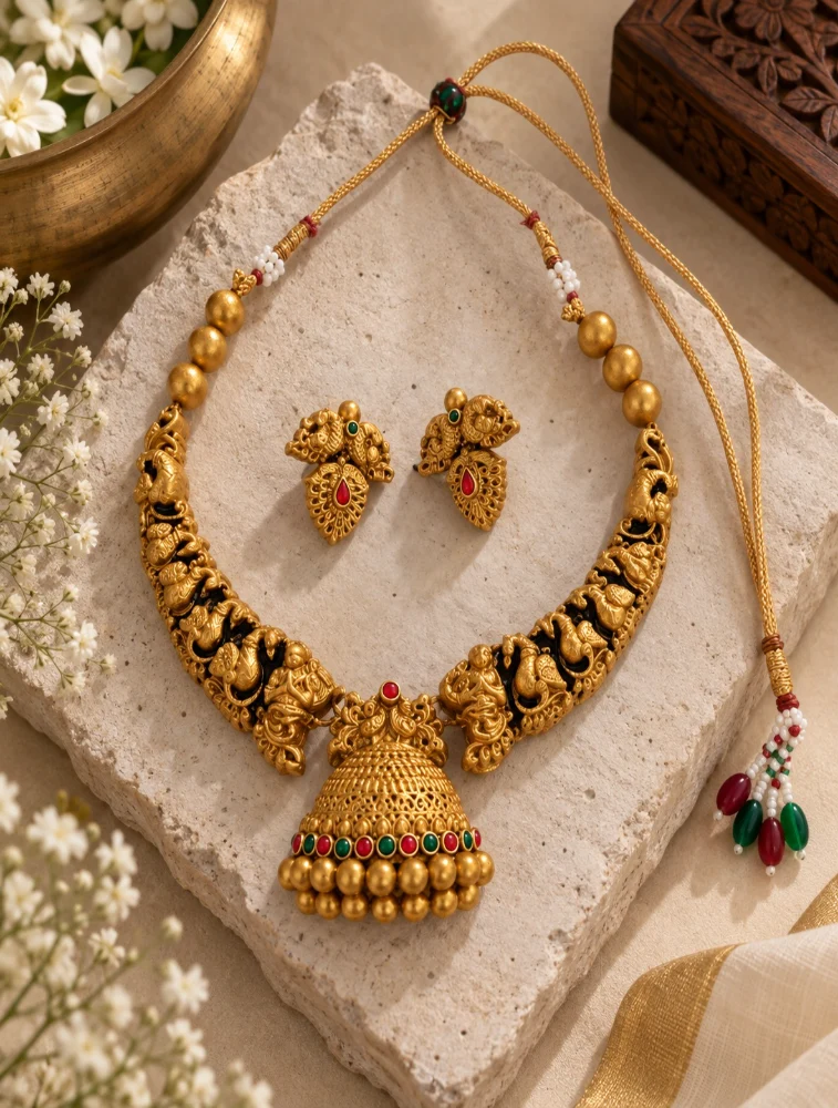 Antique Gold Rajhamsa Terracotta Jewellery Set
