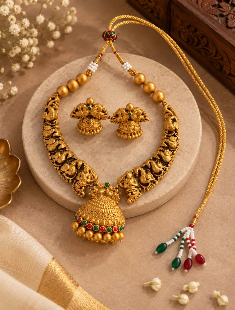 Antique Gold Rajhamsa Terracotta Jewellery Set
