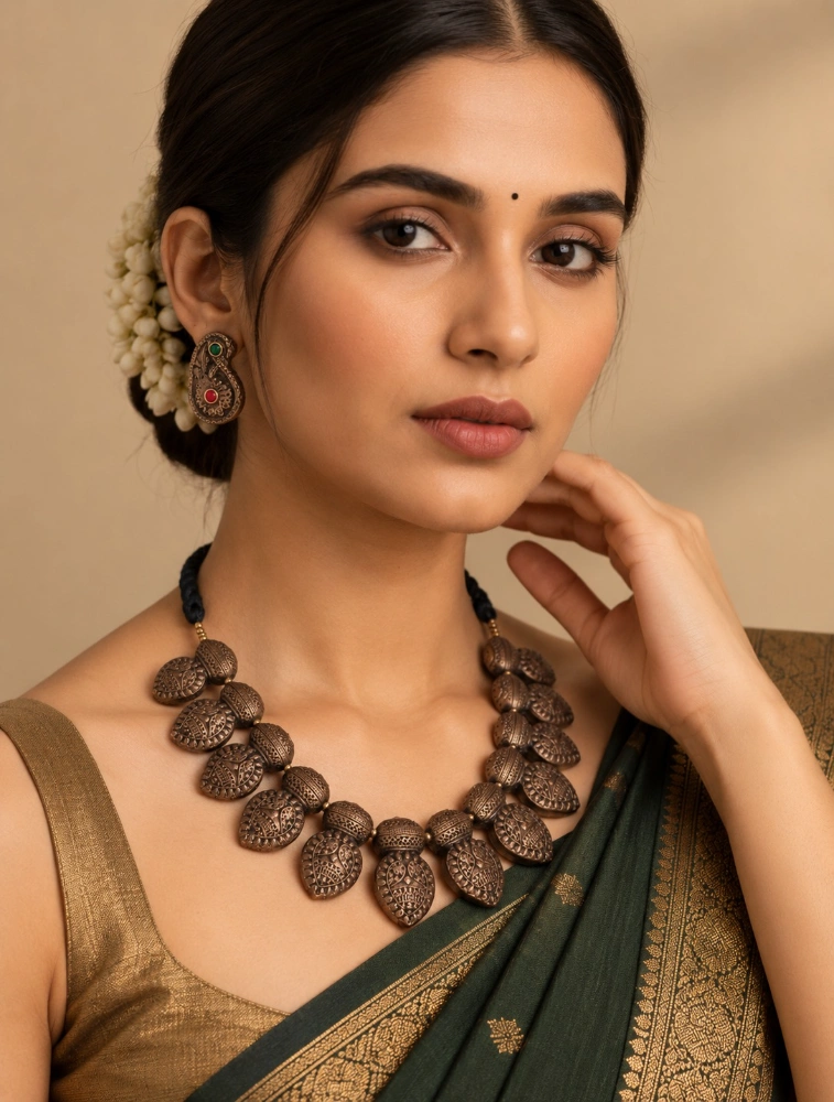 Antique Gold Rajmala Terracotta Jewellery Set 
