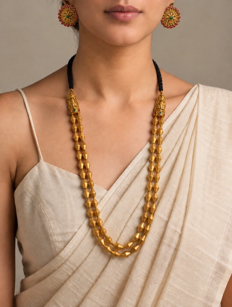 Antique Gold Swarna Dholki Two Layerd long Mala Handmade Terracotta Jewellery Set