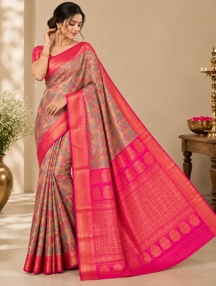 Antique Gold Womens Elegant Tissue Brocade Saree with Rich Zari Border