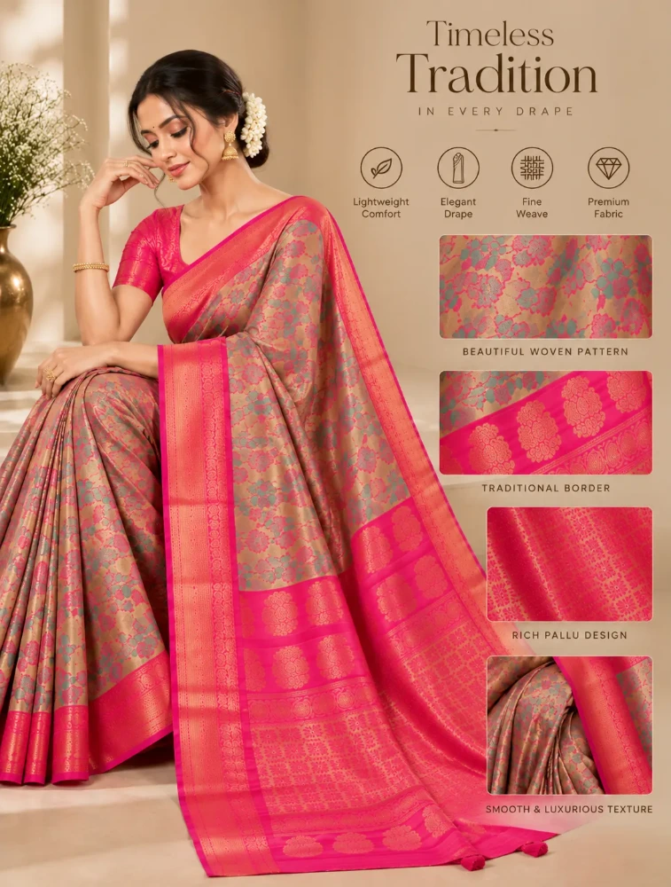 Antique Gold Womens Elegant Tissue Brocade Saree with Rich Zari Border