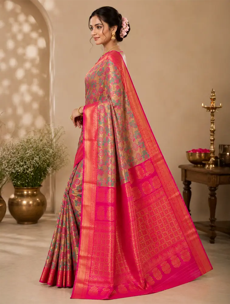 Antique Gold Womens Premium Tissue Brocade 3 Card Saree