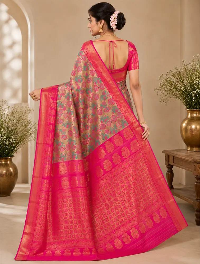 Antique Gold Womens Premium Tissue Brocade 3 Card Saree
