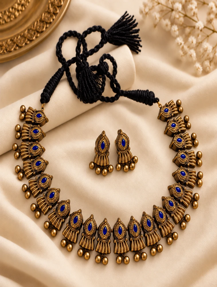 Antique Gold and Blue Peacock Motifs Hand Painted Terracotta Jewellery Set