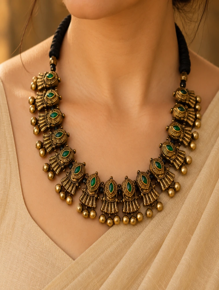 Antique Gold and Green Peacock Motifs Hand Painted Terracotta Jewellery Set