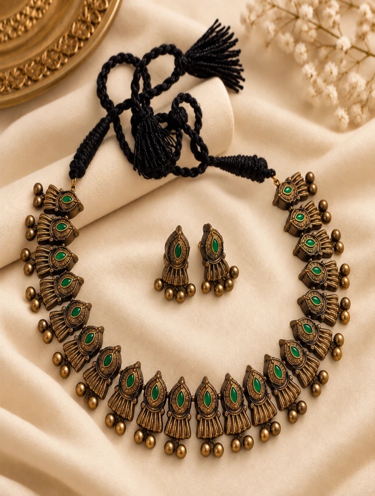 Antique Gold and Green Peacock Motifs Hand Painted Terracotta Jewellery Set