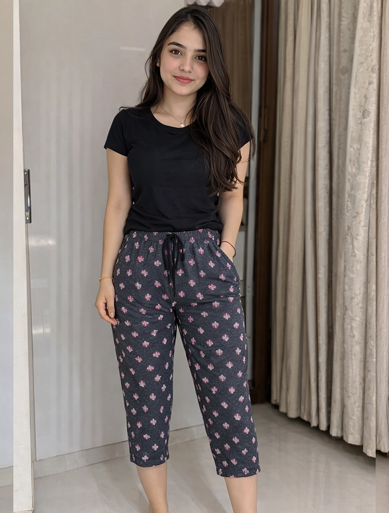 Antra Melange Womens Floral Printed Polycotton 120 GSM Capri Pant with Pocket