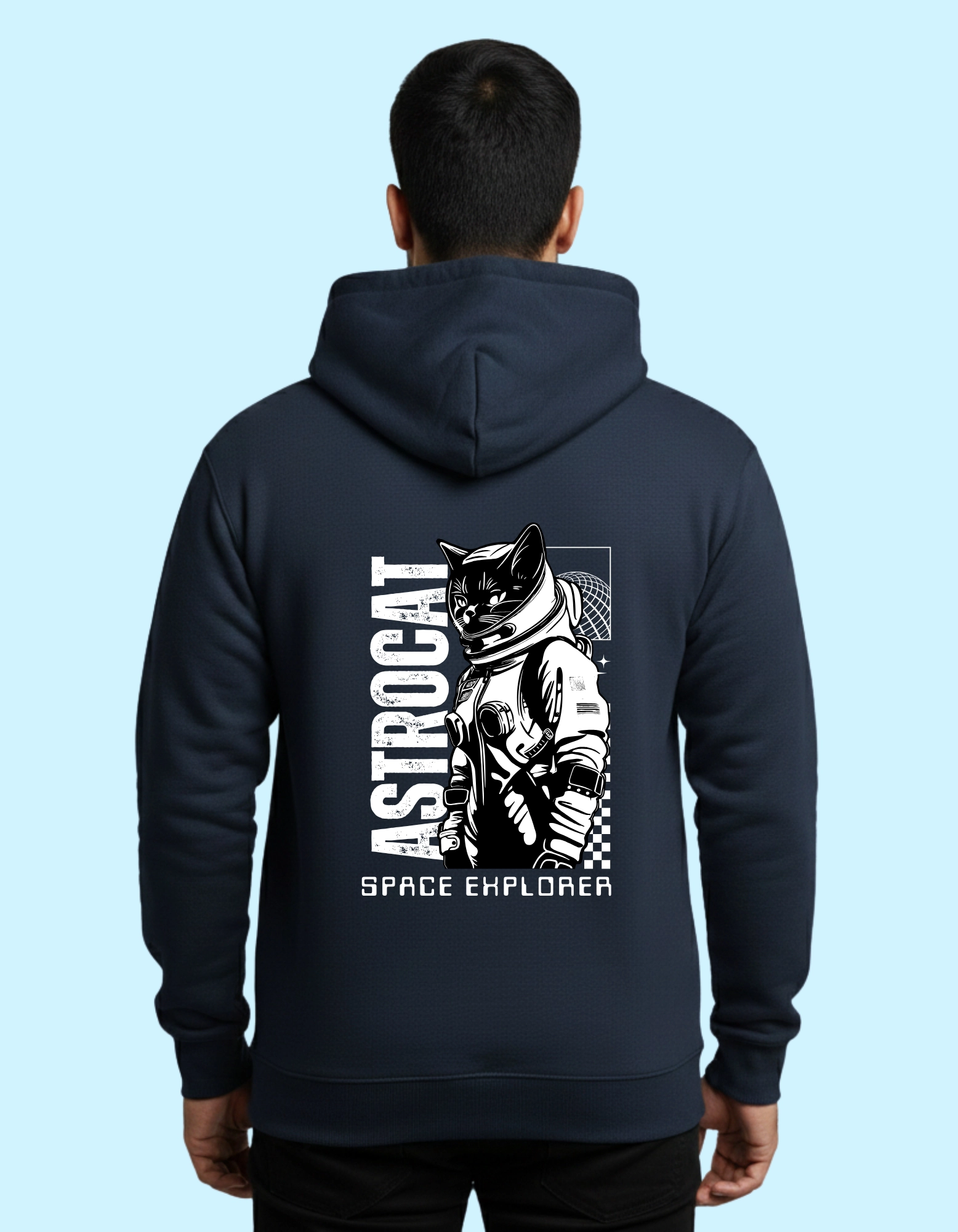 Astronaut Cat Graphic Premium Cotton Hoodie 300 GSM Without Zipper – Navy Blue