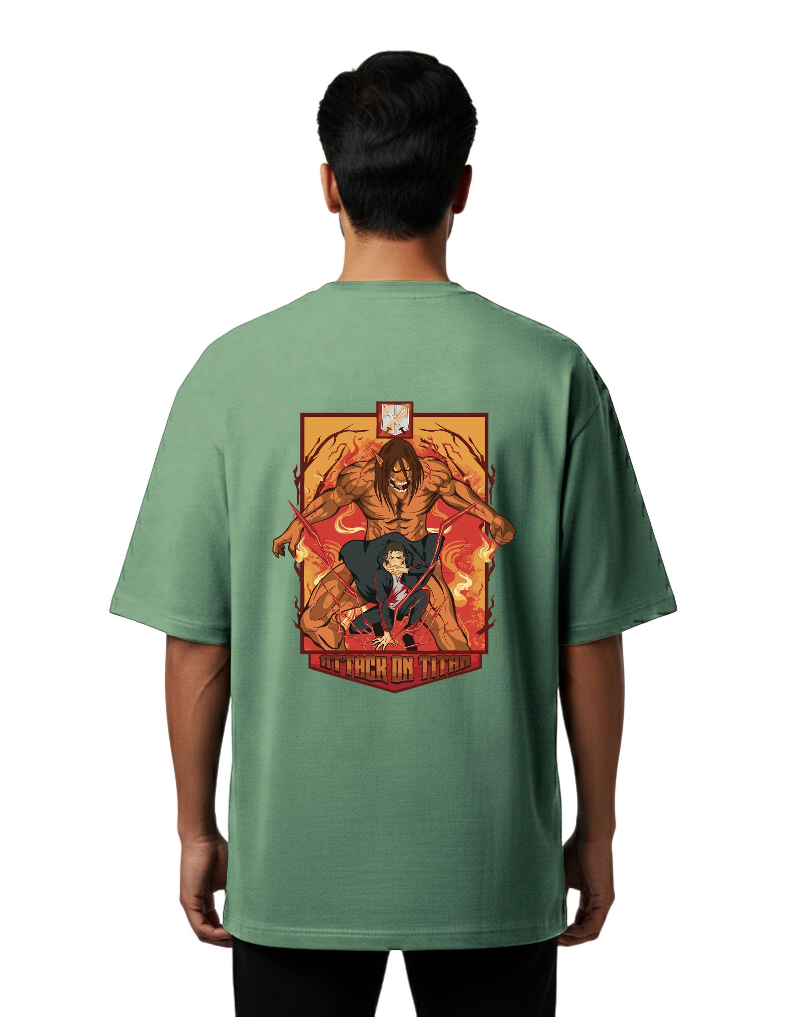 Attack on Titan Oversized Cotton French Terry T-Shirt 240 GSM D Green