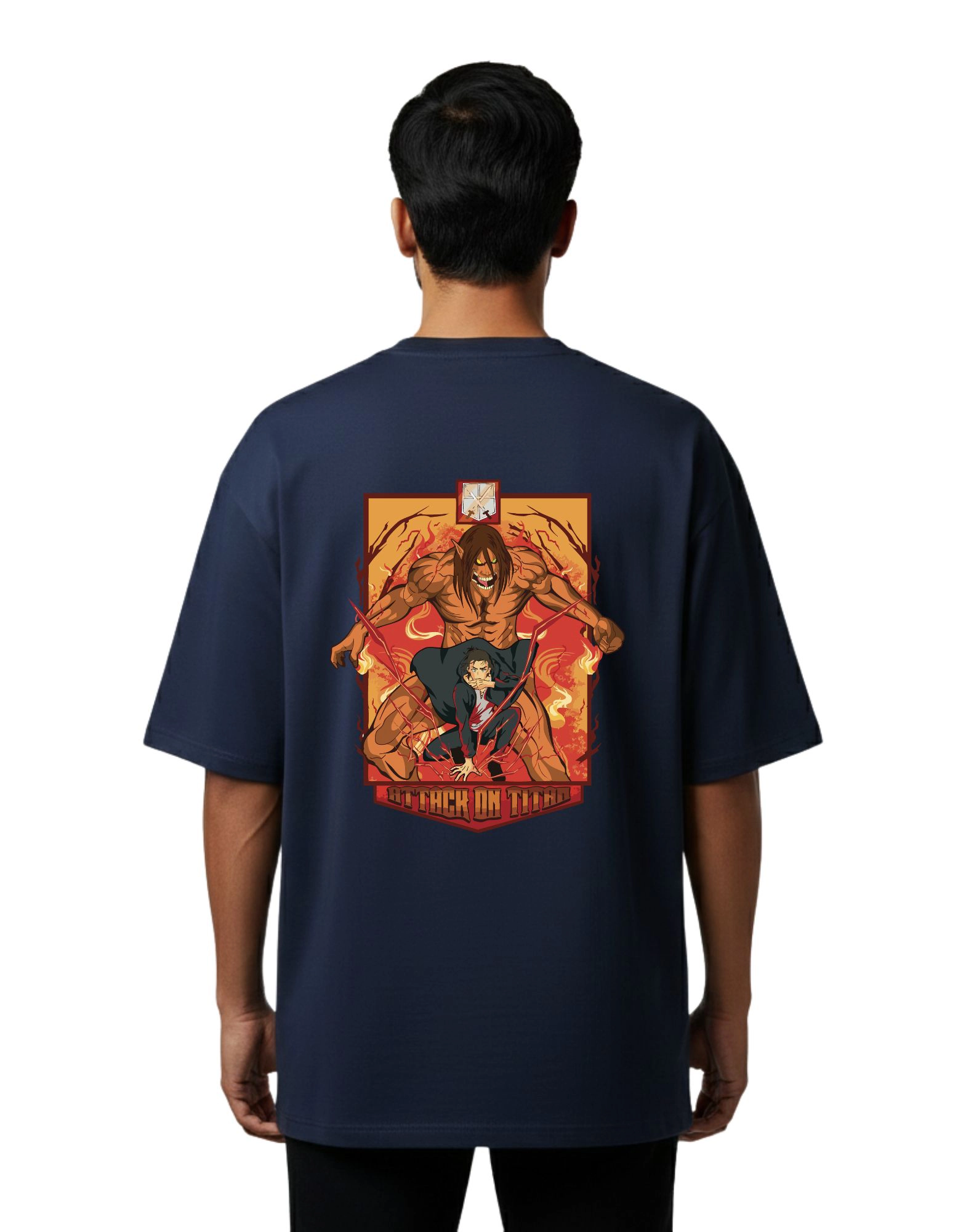 Attack on Titan Oversized Cotton French Terry T-Shirt 240 GSM Navy Blue