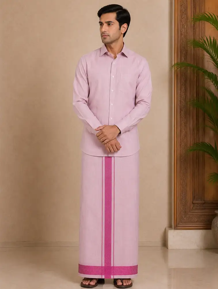 Baby Pink  Mens Special Tissue Shirts and Dhoti Set 